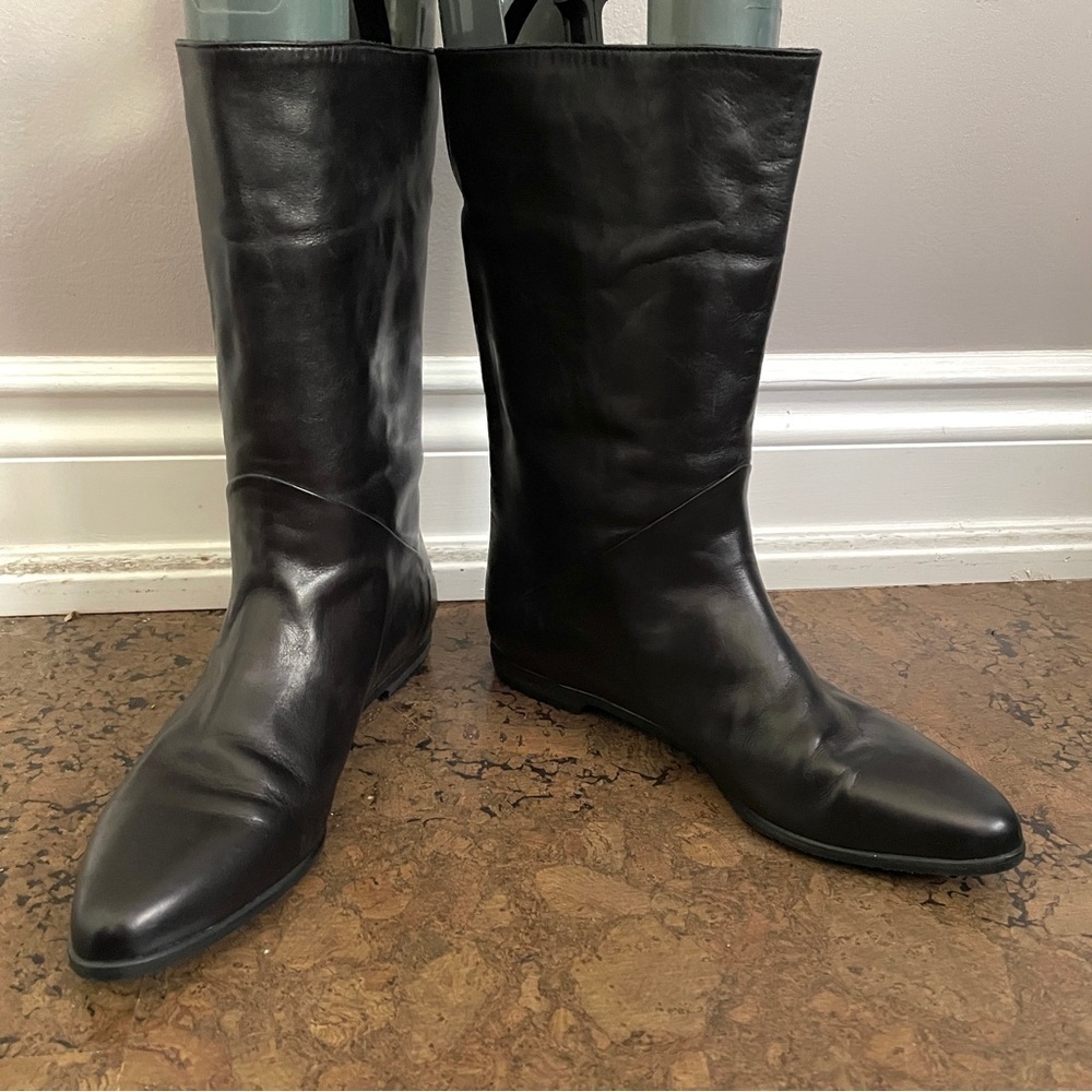 Vintage Black Bally Leather Flat Pointed Toe Mid-Shin Boots - 7.5, UNWORN!